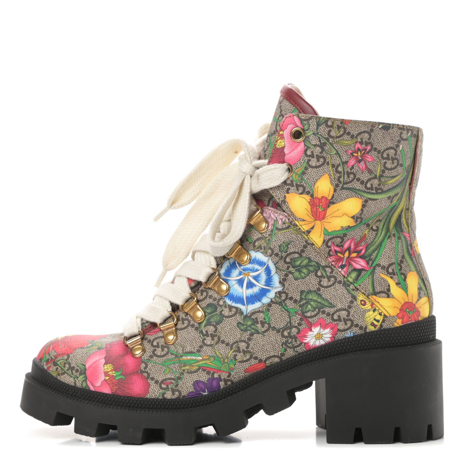 Gucci GG Supreme Monogram Flora Lace Up Combat Ankle Boots 38.5 Beige Multicolor Red 1 of 13