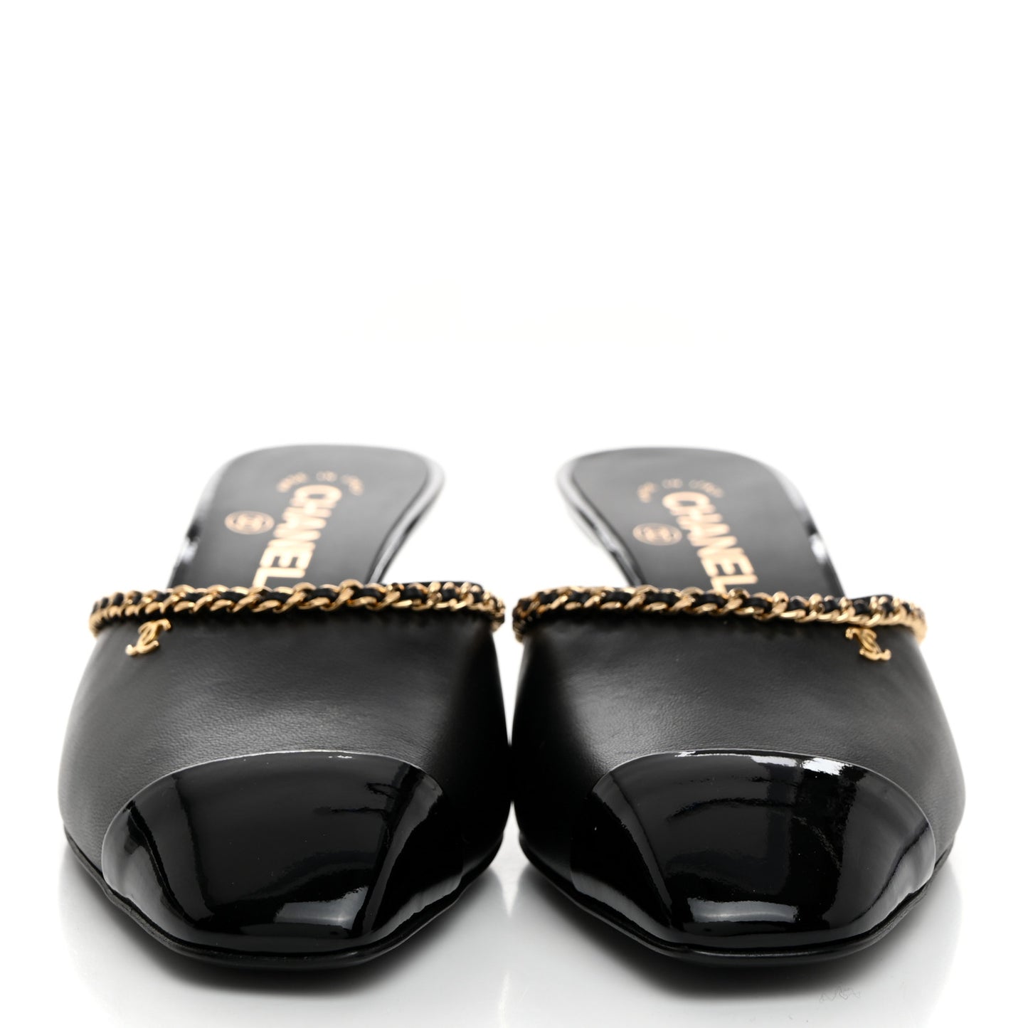 Lambskin Patent Cap Toe Chain Mule 39.5 Black