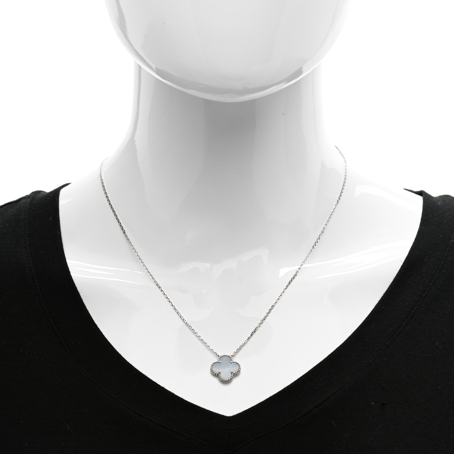 Van Cleef & Arpels 18K White Gold Chalcedony Vintage Alhambra Pendant Necklace 2 of 6