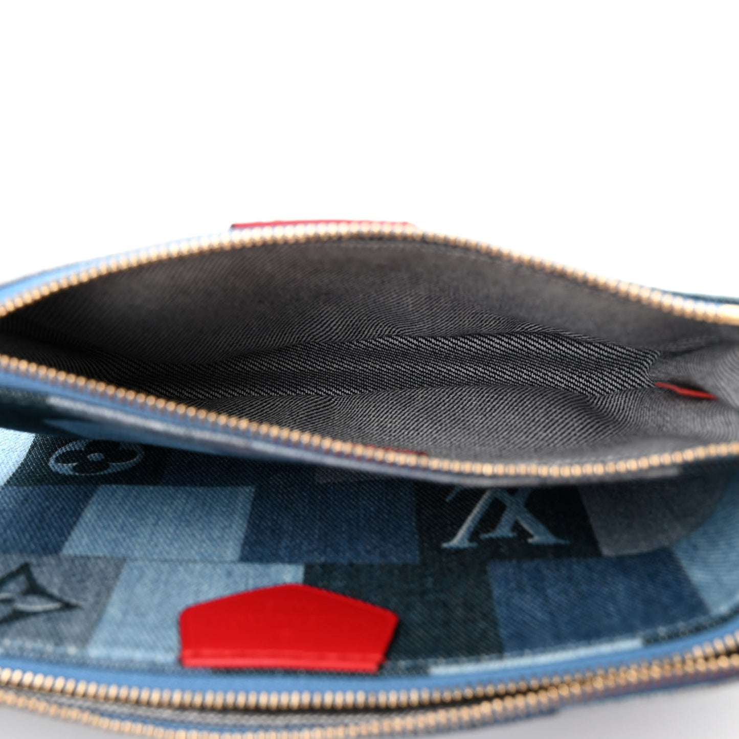 Denim Damier Monogram Patchwork Multi Pochette Accessories Blue Rouge