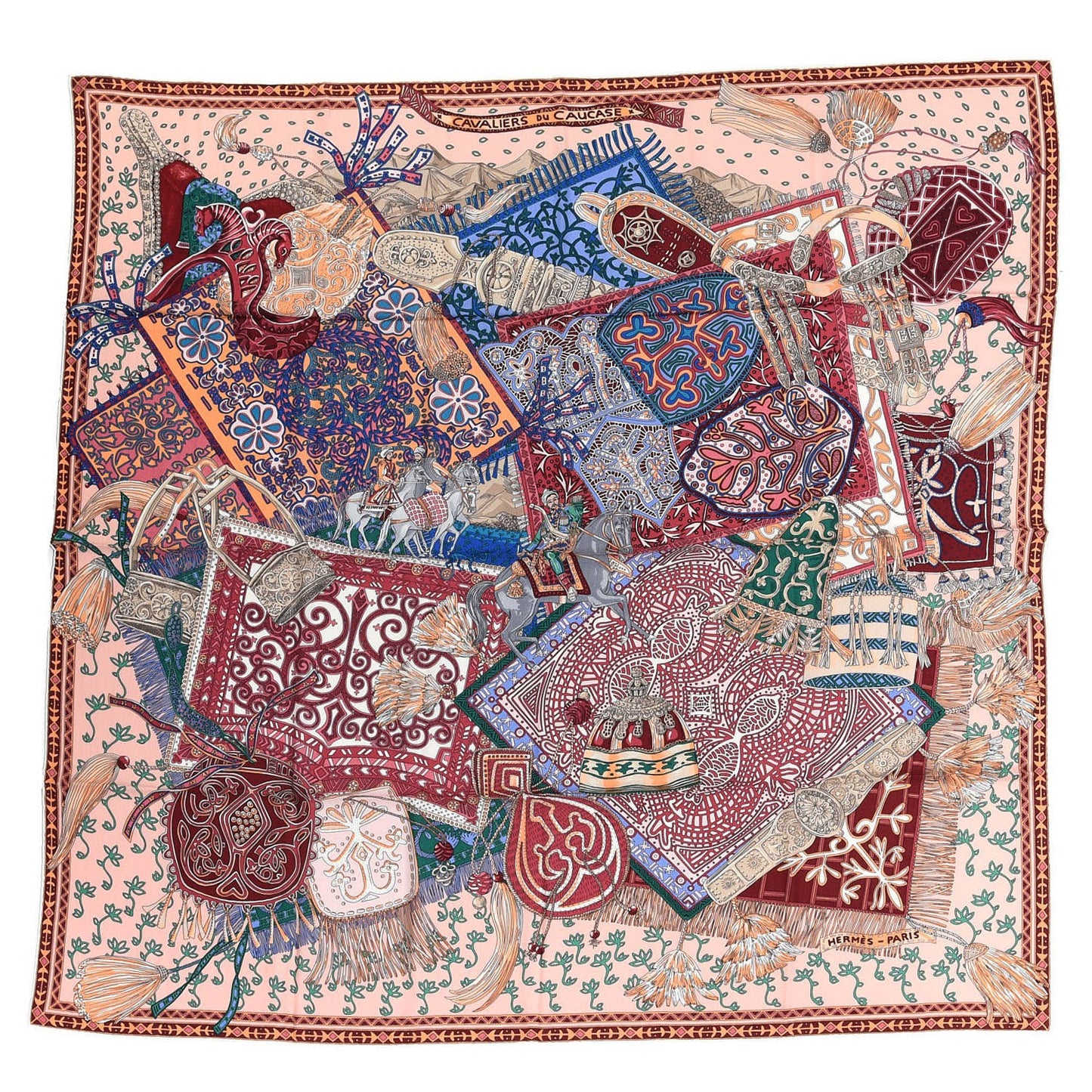 Cashmere Silk Cavaliers du Caucase Shawl 140 Rose Pale Bleu Framboise