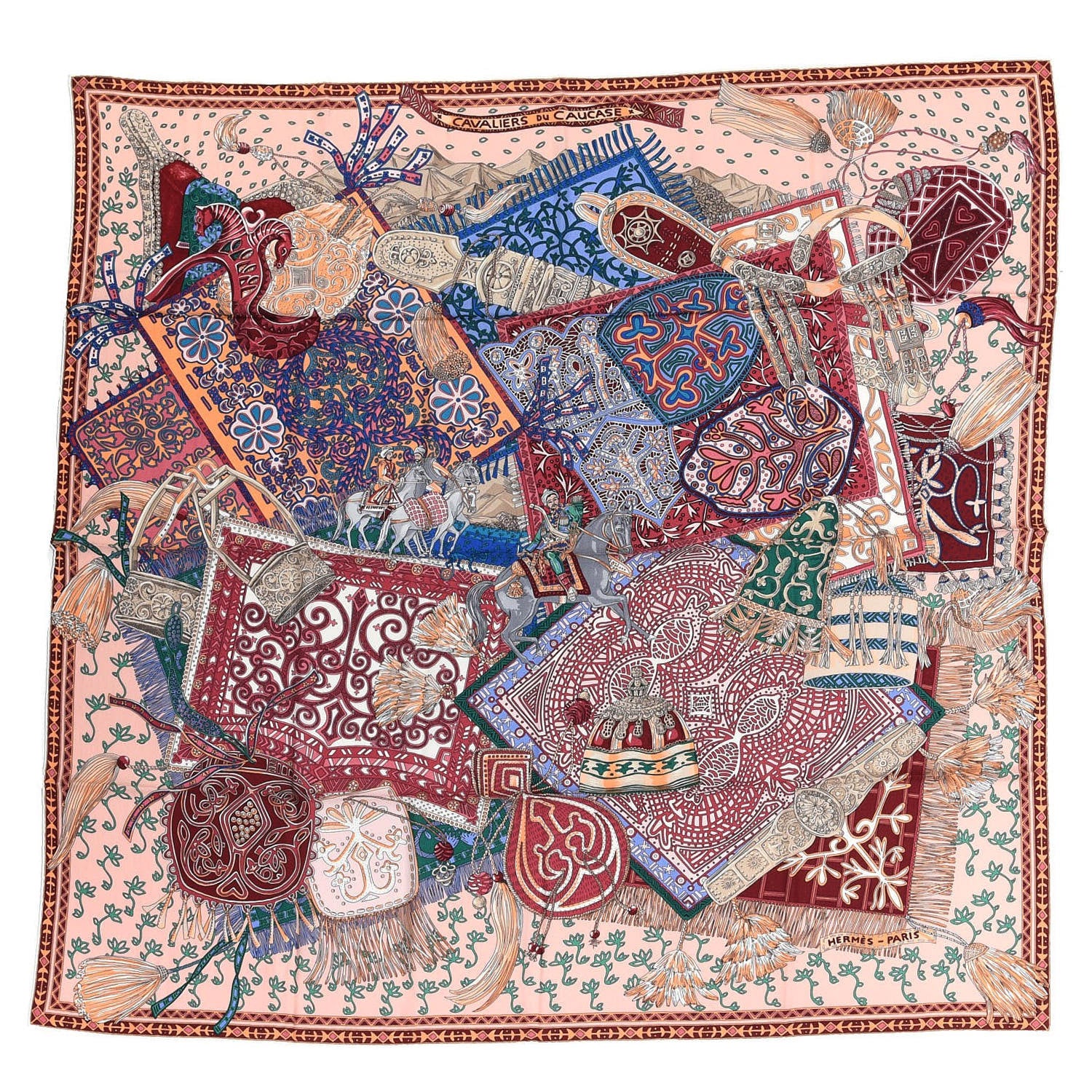 Hermes Cashmere Silk Cavaliers du Caucase Shawl 140 Rose Pale Bleu Framboise 1 of 4
