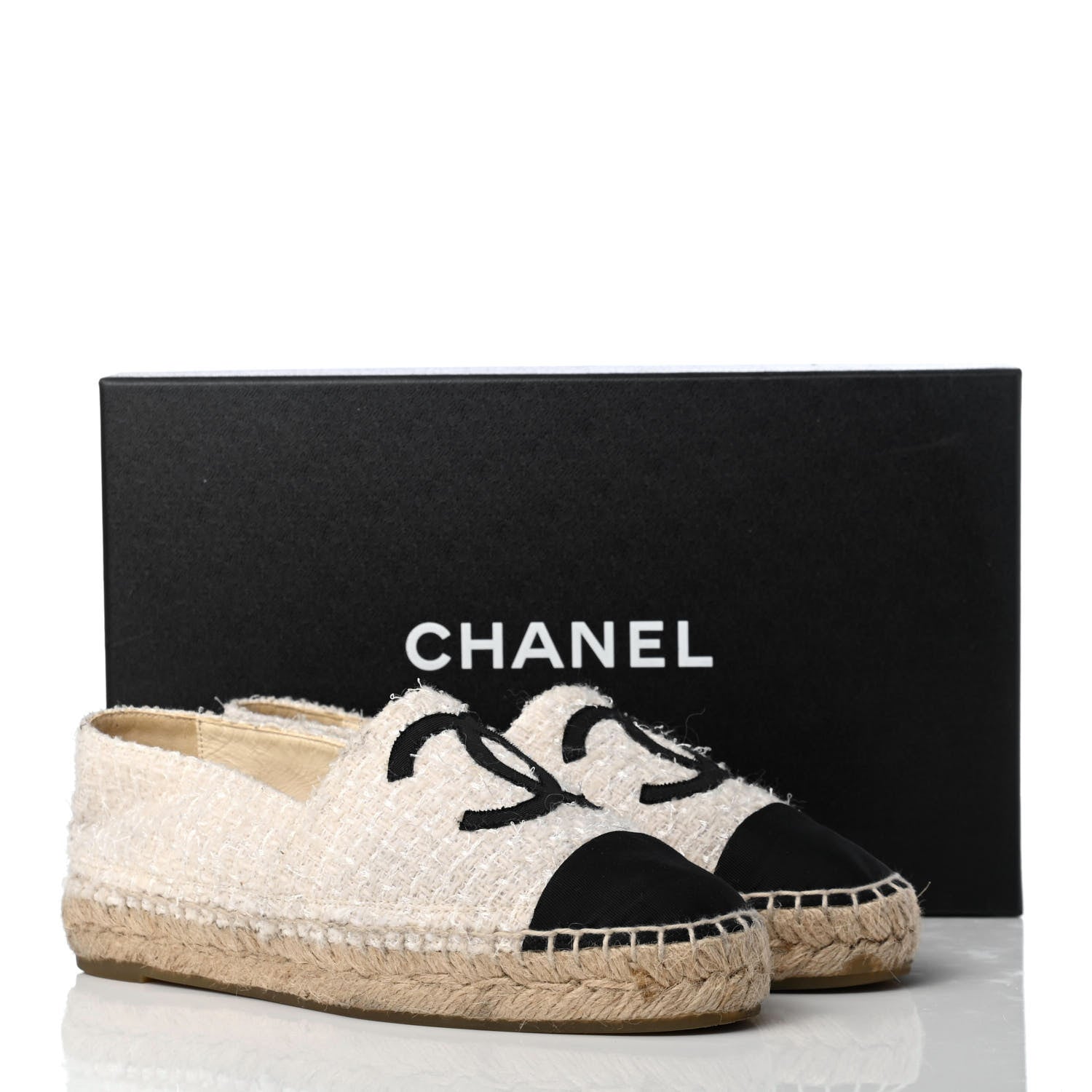 Chanel Tweed Grosgrain CC Espadrilles 35 Ivory Black 10 of 10