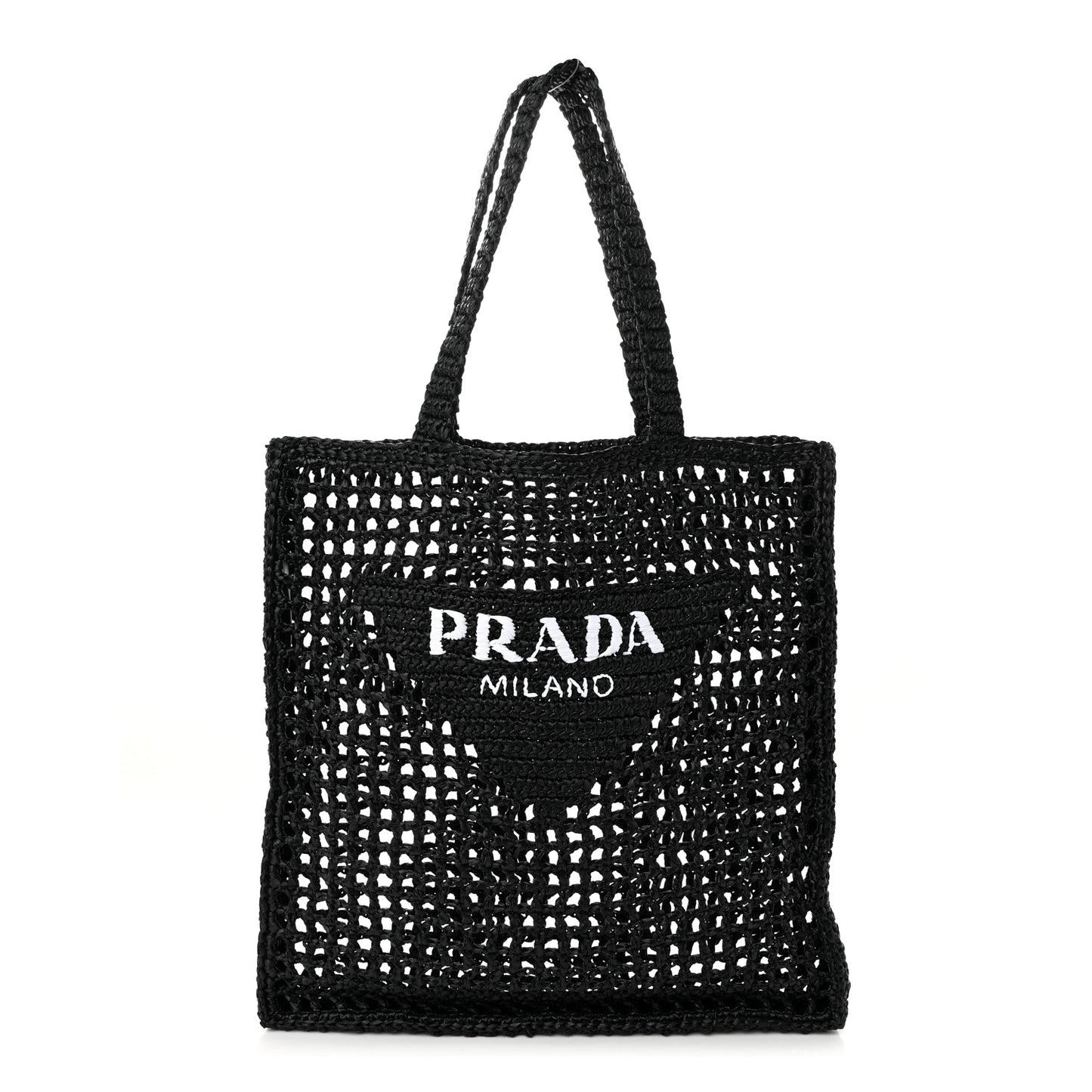 Yarn Raffia Effect Crochet Logo Embroidered Tote Bag Black