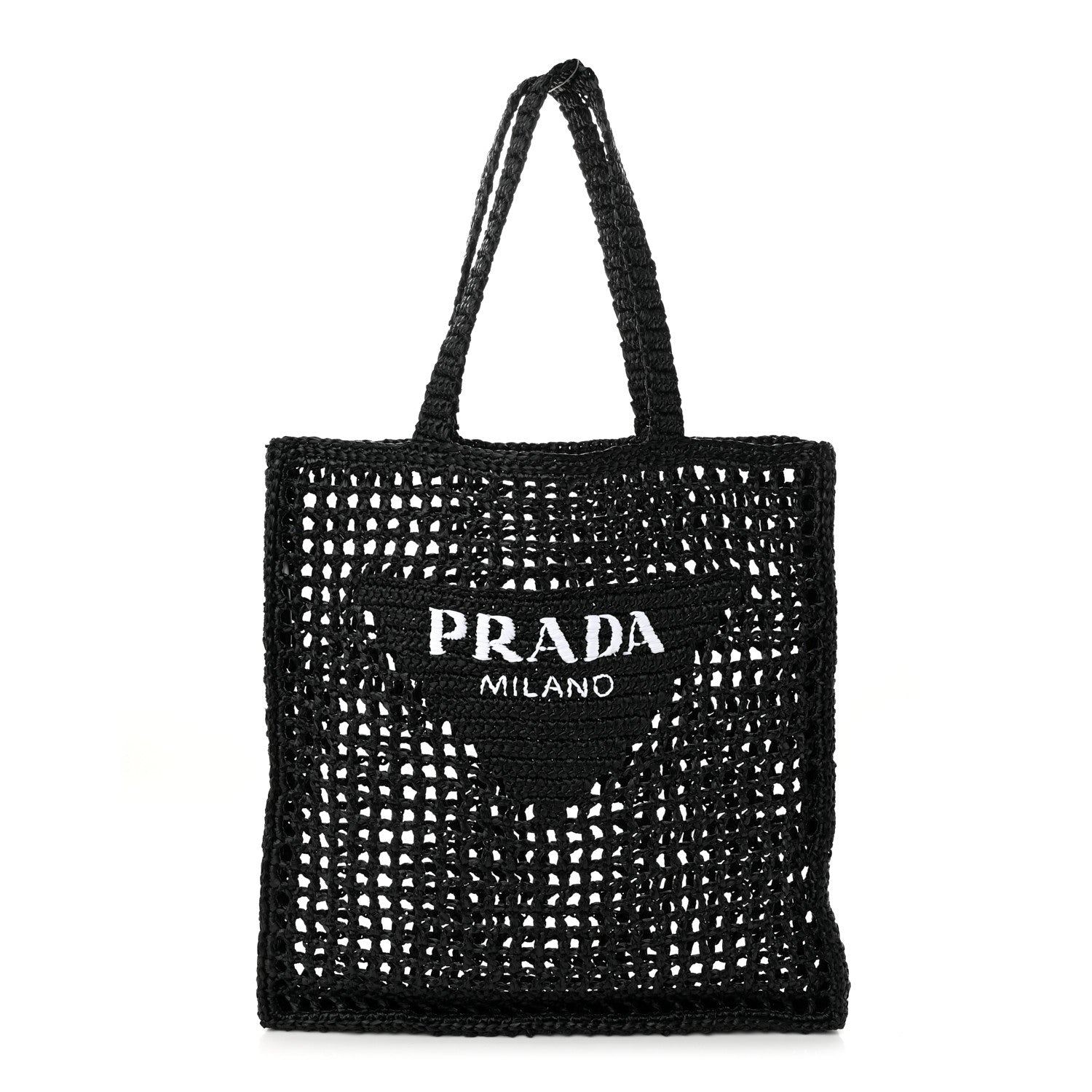 Prada Yarn Raffia Effect Crochet Logo Embroidered Tote Bag Black 1 of 9