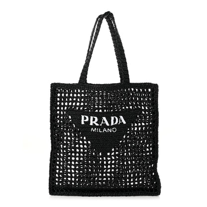 Prada Yarn Raffia Effect Crochet Logo Embroidered Tote Bag Black 1 of 9