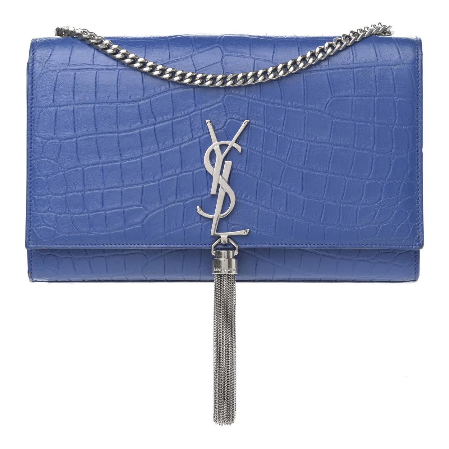 Calfskin Crocodile Embossed Medium Classic Monogram Kate Tassel Satchel Bleu Majorelle