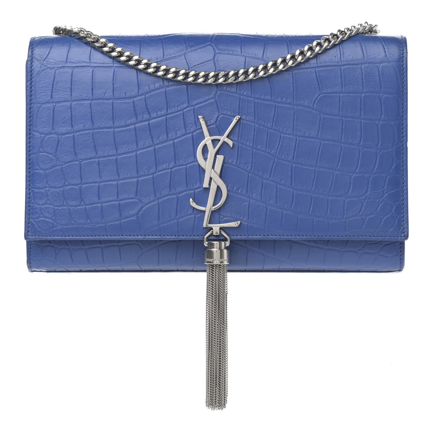 Saint Laurent Calfskin Crocodile Embossed Medium Classic Monogram Kate Tassel Satchel Bleu Majorelle 1 of 15
