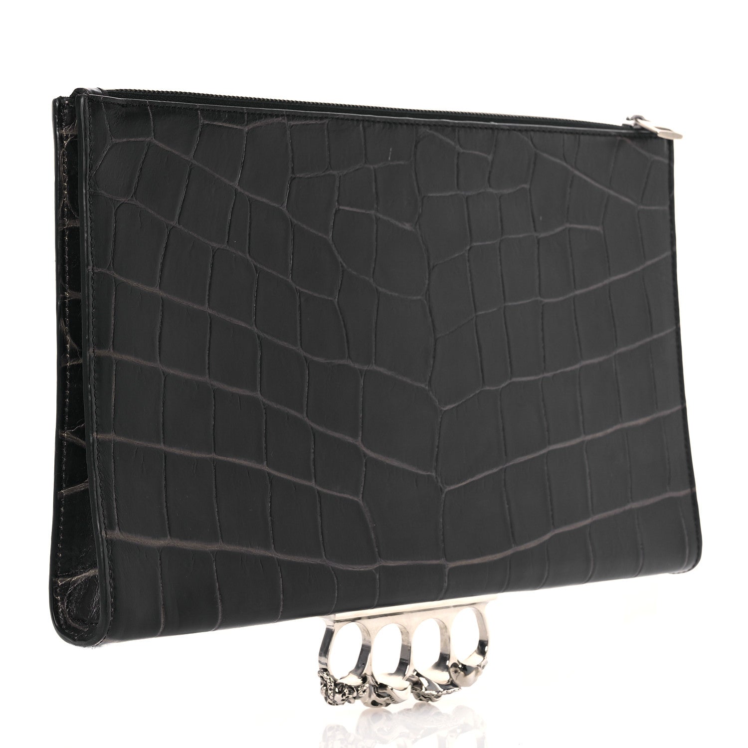 Alexander McQueen Calfskin Crocodile Embossed Knuckle Flat Zip Clutch Black 3 of 16