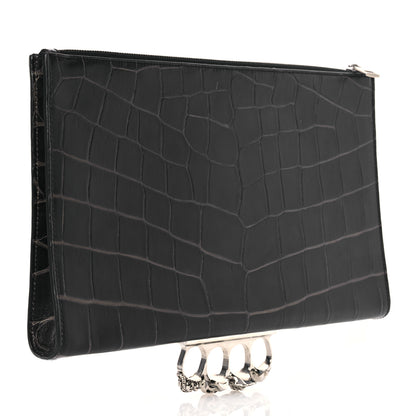 Alexander McQueen Calfskin Crocodile Embossed Knuckle Flat Zip Clutch Black 3 of 16