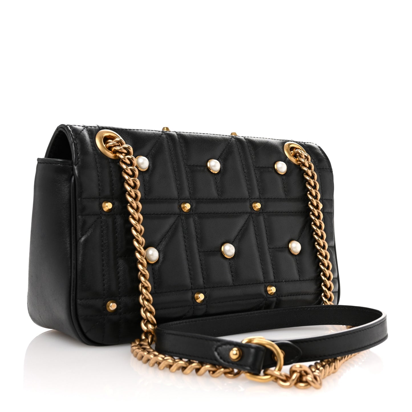 Calfskin Matelasse Studded Small Pearly GG Marmont Shoulder Bag Black