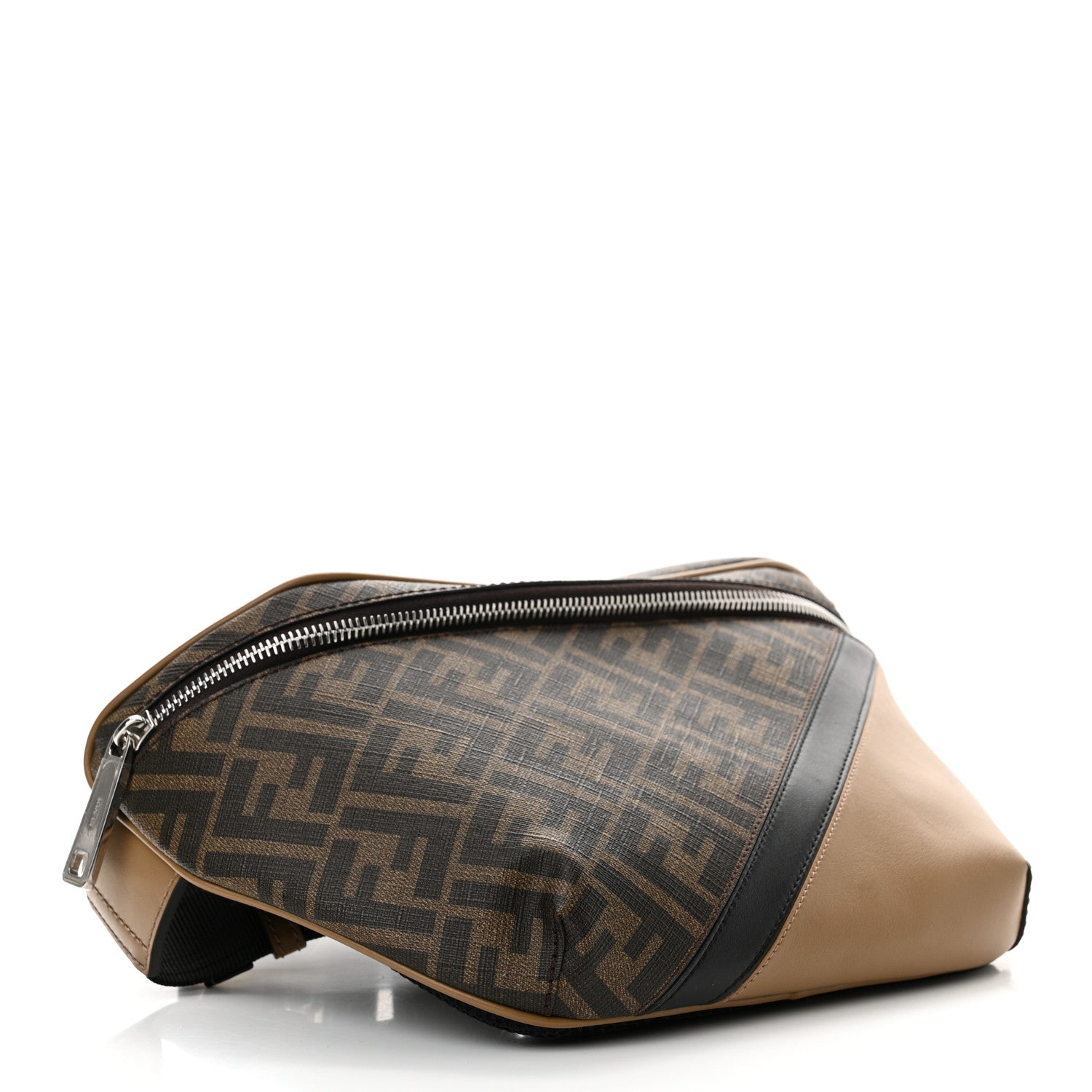 Fendi Glazed Fabric Vitello Cover FF 1974 Diagonal Bi-Color Belt Bag Tobacco Moro Sand Black 4 of 10