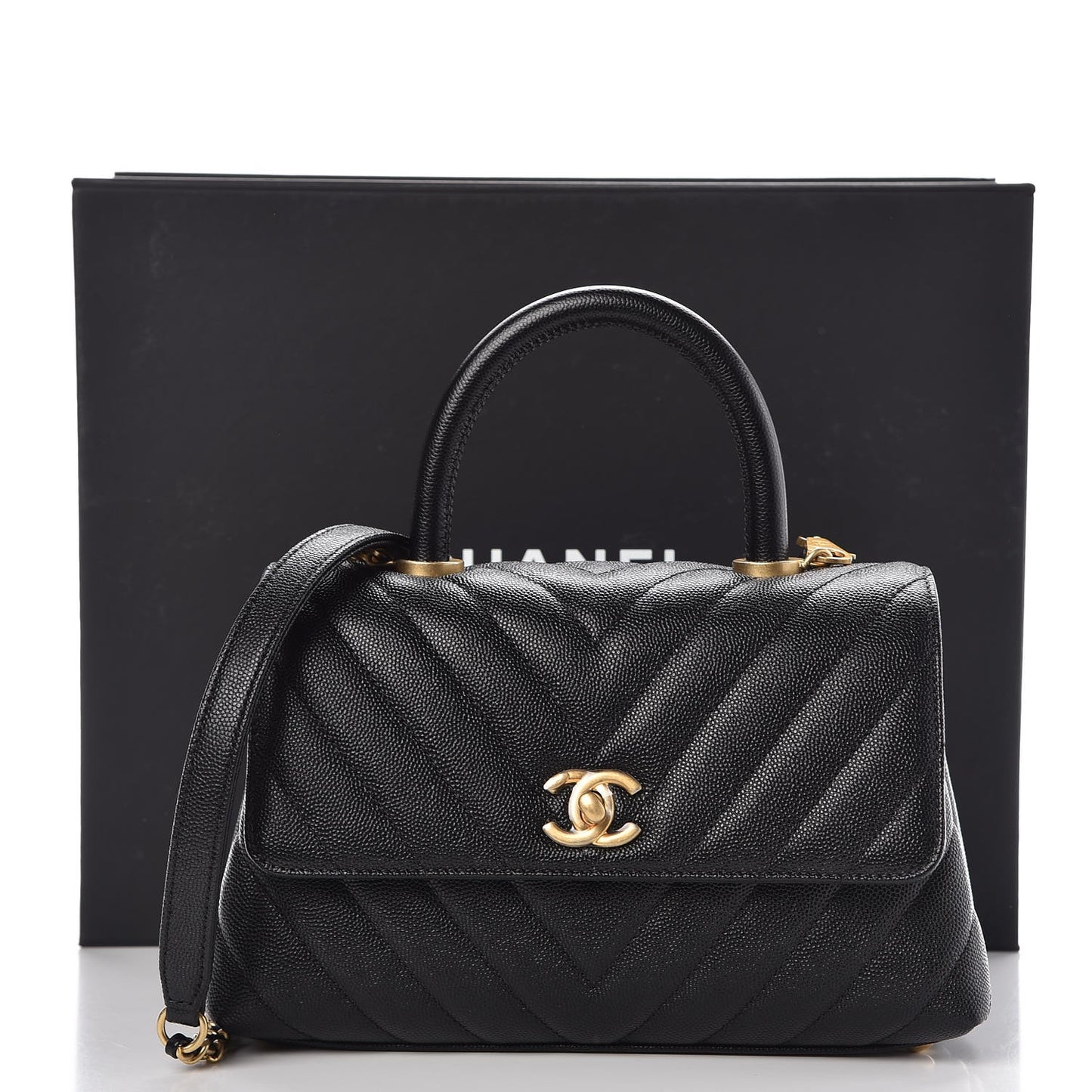 Caviar Chevron Quilted Mini Coco Handle Flap Black