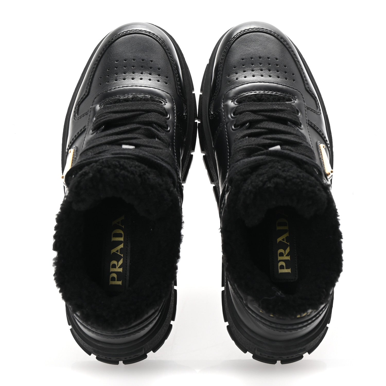 Prada Calfskin Shearling Metal Triangle Logo Sneakers 35.5 Black 2 of 10