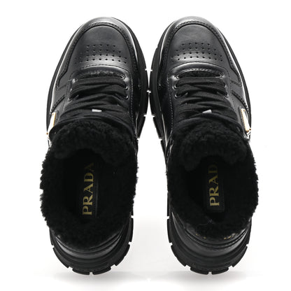 Prada Calfskin Shearling Metal Triangle Logo Sneakers 35.5 Black 2 of 10
