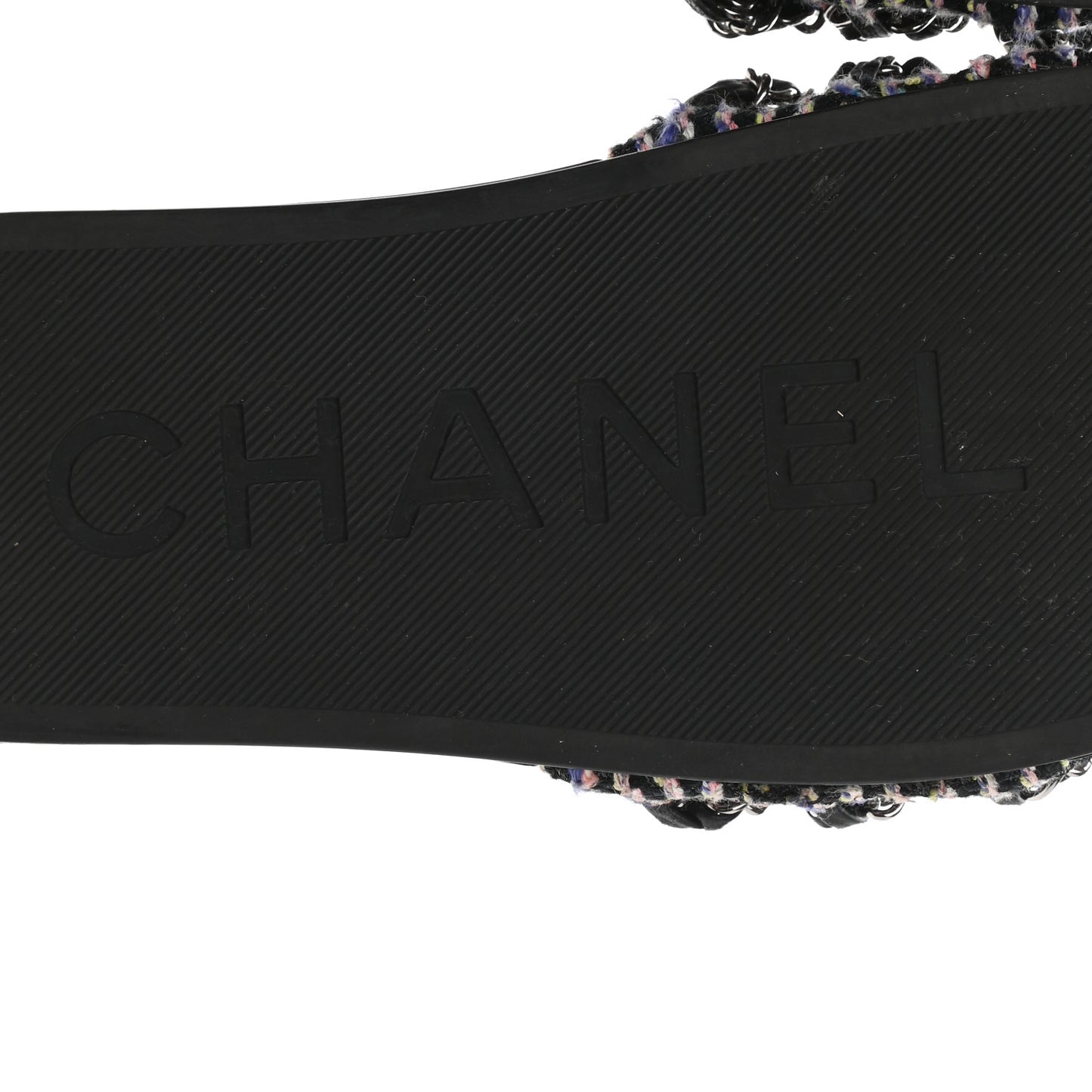 Tweed Lambskin Chain Flat Sandals 35 Black Multicolor