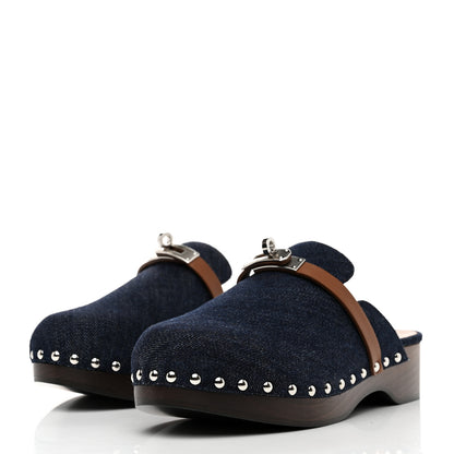 Hermes Denim Carlotta Mules 38 Bleu Brut Gold 3 of 9