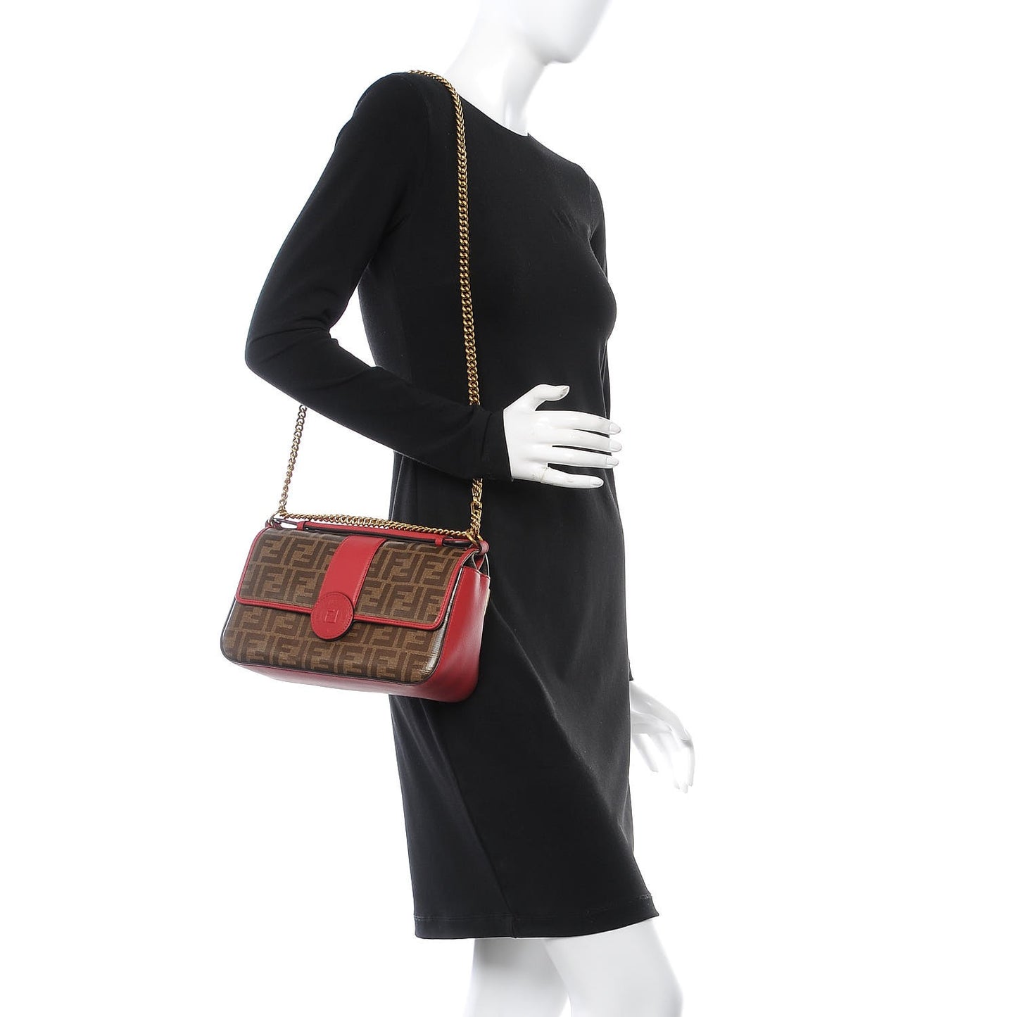 Vitello Grace Glazed Fabric FF 1974 Double F Shoulder Bag Fragola Mogano Panna