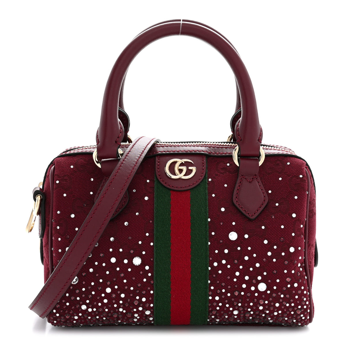 Gucci Crystal Canvas GG Monogram Textured Dollar Calfskin Web Mini Ophidia Top Handle Bowler Bag Rosso Ancora 1 of 11
