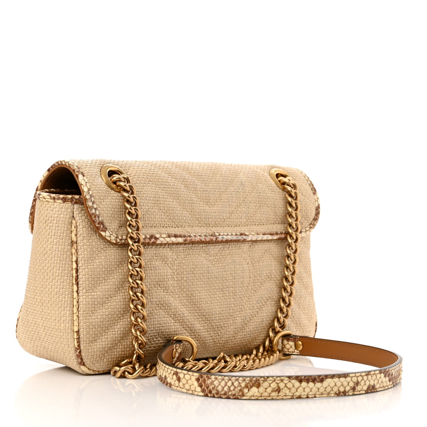 Raffia Elaphe Matelasse Small GG Marmont Shoulder Bag Natural Cream Brown