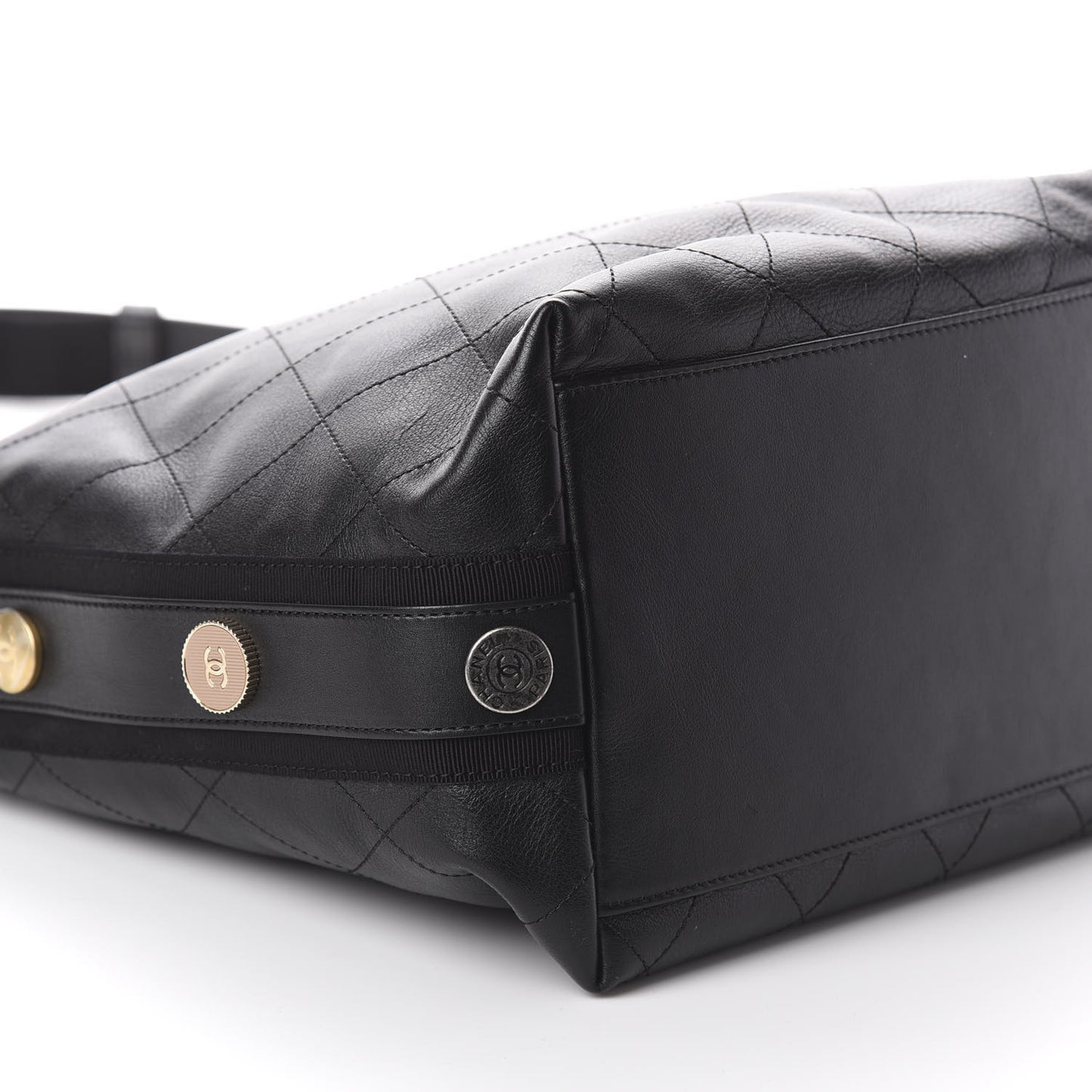 Calfskin Stitched Large Button Up Hobo Black