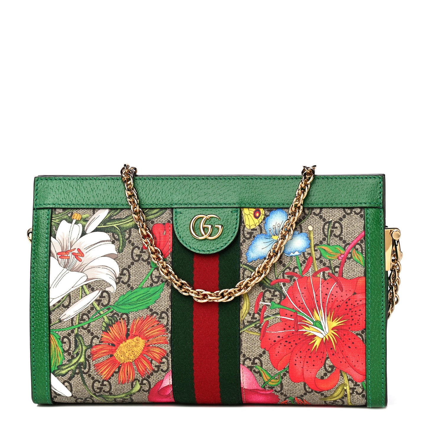 GG Supreme Monogram Flora Web Small Ophidia Chain Shoulder Bag Green