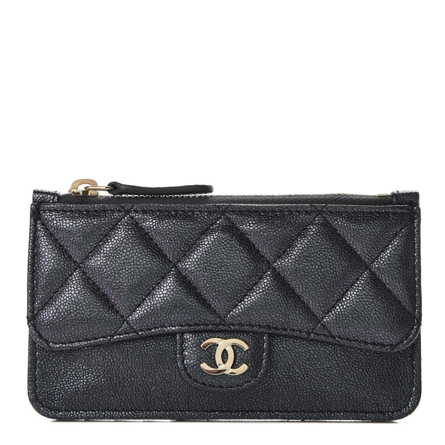 Iridescent Caviar Quilted Flap Zip Card Holder Black