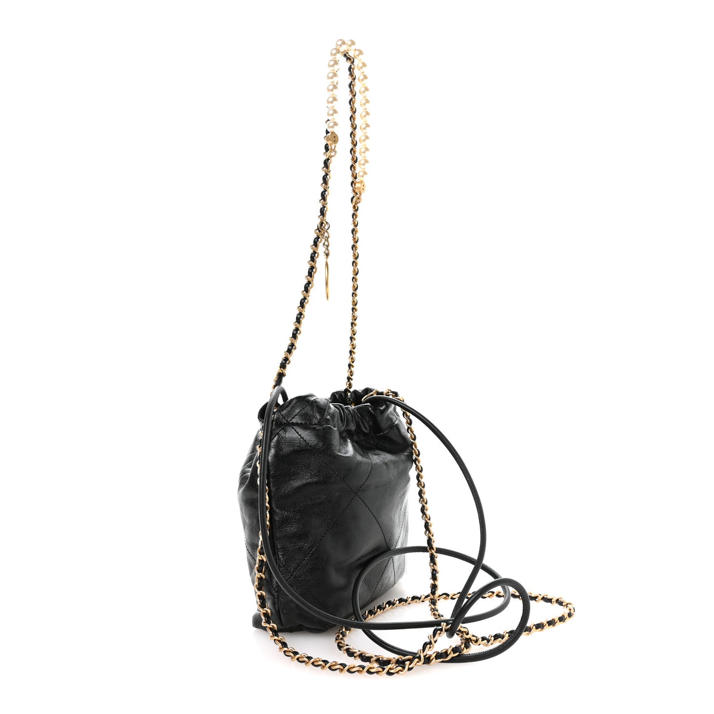 Shiny Crumpled Calfskin Quilted Pearl Mini Chanel 22 Black