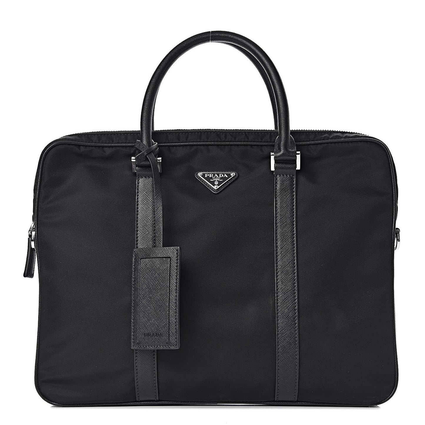 Tessuto Nylon Saffiano Metal Triangle Logo Work Bag Black