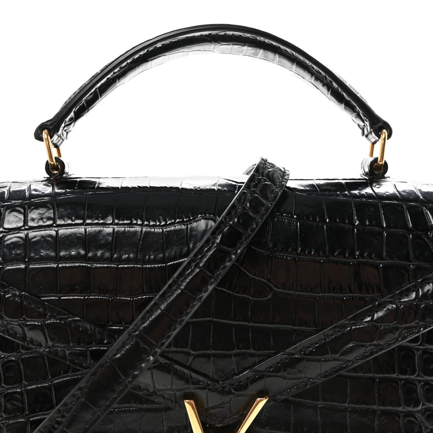 Calfskin Crocodile Embossed Mini Classic Monogram Cassandra Top Handle Black