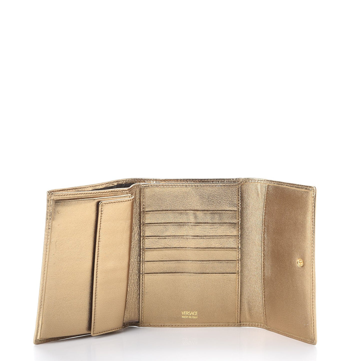 Metallic Lambskin Logo Tri-Fold Flap Wallet Gold