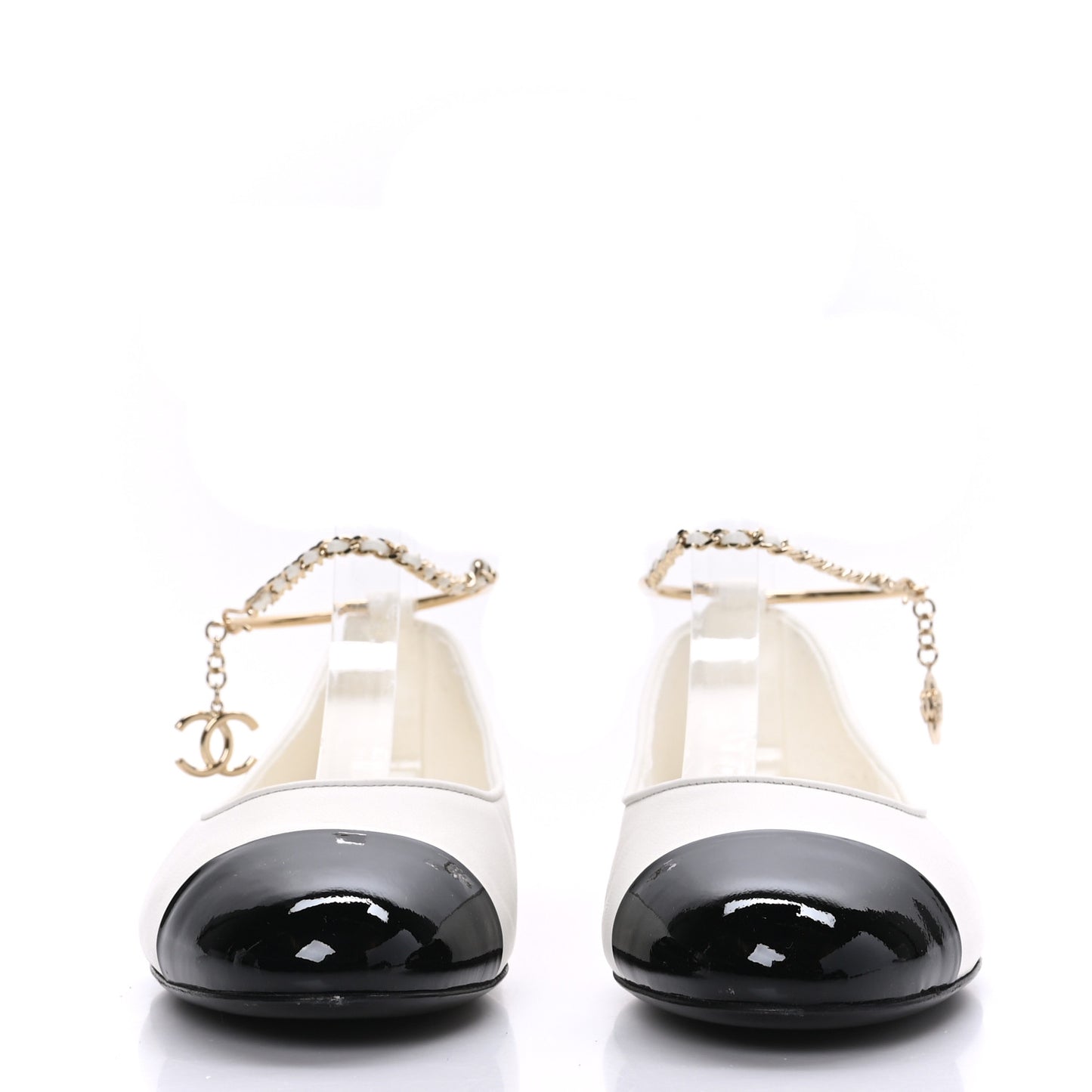Lambskin Patent Calfskin Cap Toe Ankle Chain Ballerina Flats 38 White Black