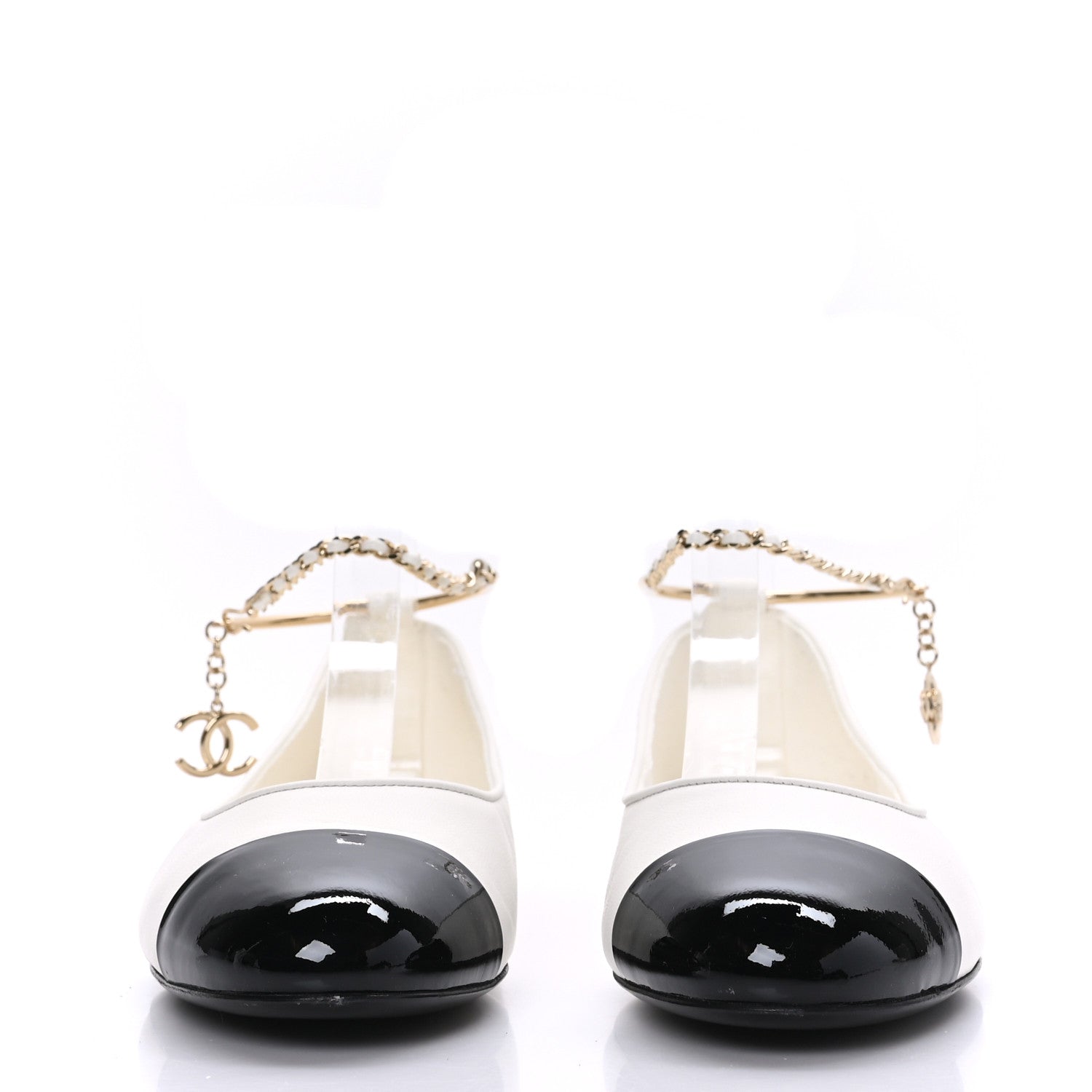 Chanel Lambskin Patent Calfskin Cap Toe Ankle Chain Ballerina Flats 38 White Black 2 of 8