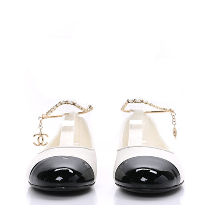 Chanel Lambskin Patent Calfskin Cap Toe Ankle Chain Ballerina Flats 38 White Black 2 of 8