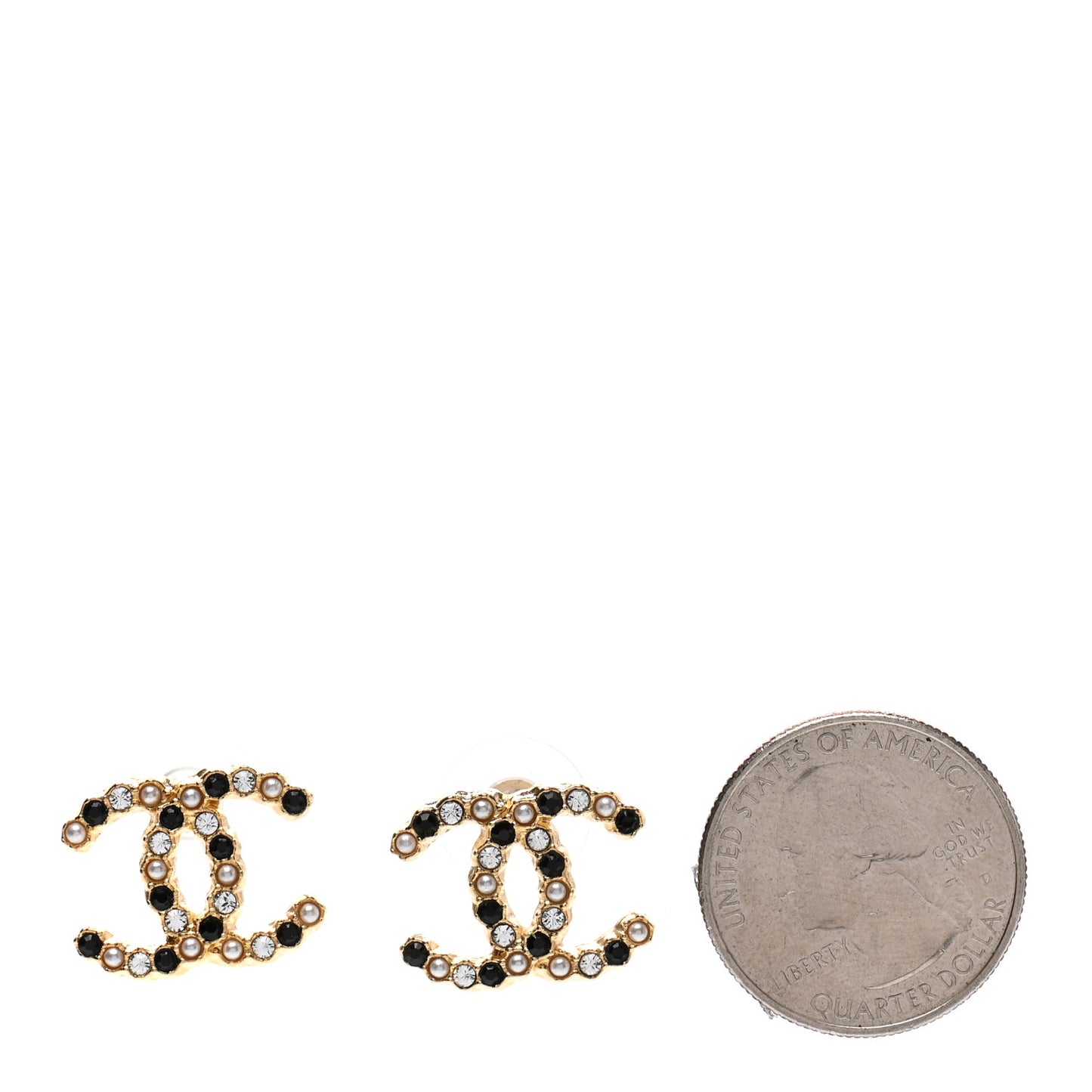 Resin Pearl Crystal CC Earrings Gold Black