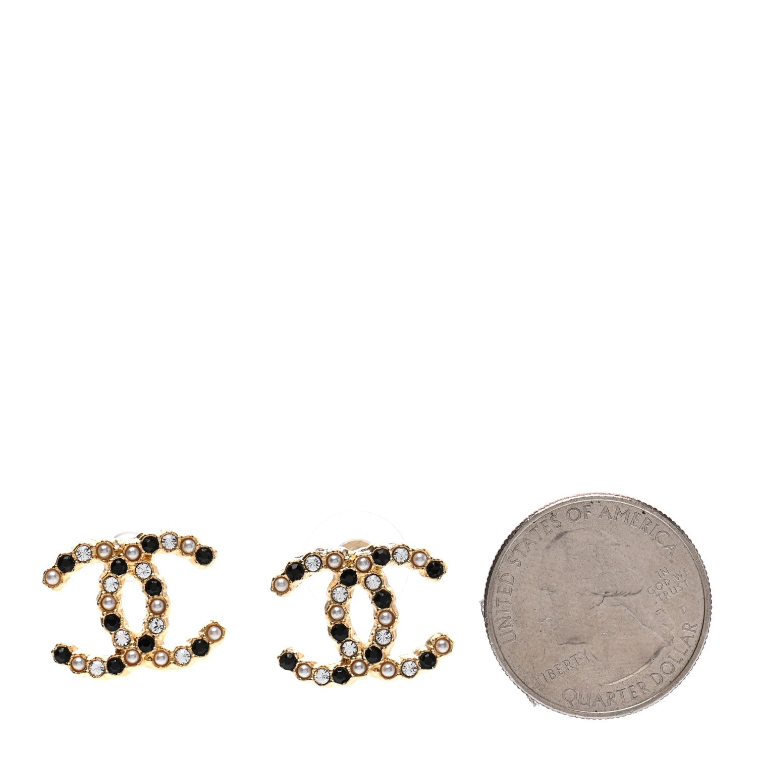 Chanel Resin Pearl Crystal CC Earrings Gold Black 2 of 4