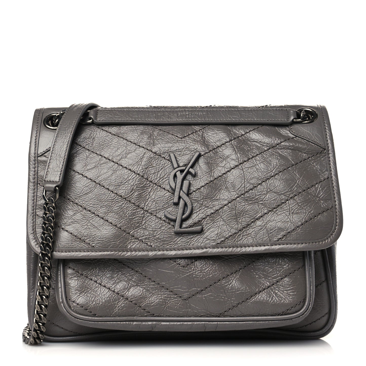 Crinkled Calfskin Matelasse Monogram Medium Niki Chain Satchel Fog