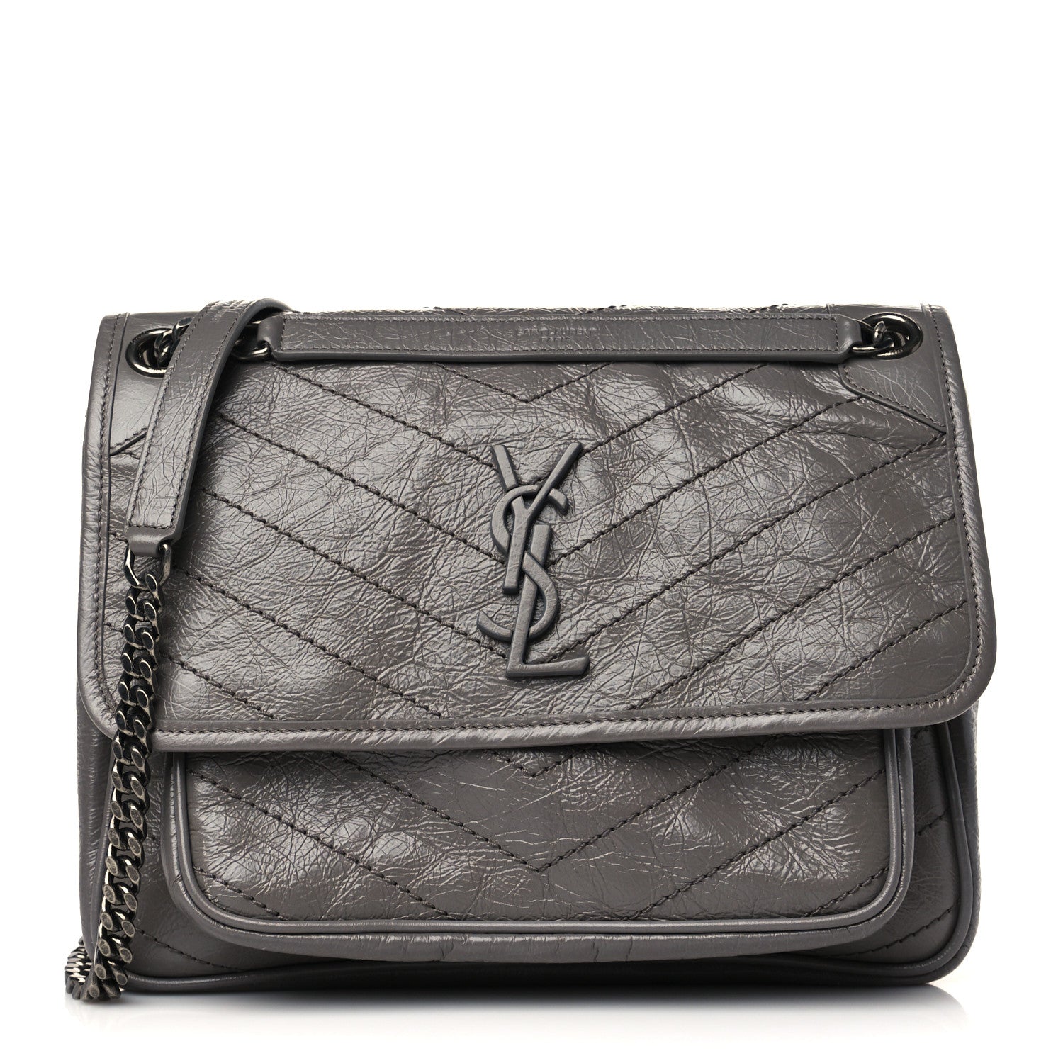 Saint Laurent Crinkled Calfskin Matelasse Monogram Medium Niki Chain Satchel Fog 1 of 5