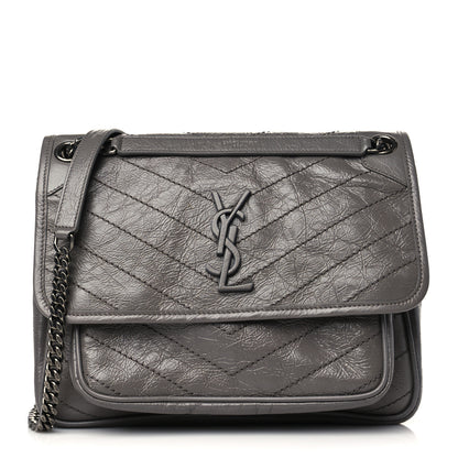Saint Laurent Crinkled Calfskin Matelasse Monogram Medium Niki Chain Satchel Fog 1 of 5