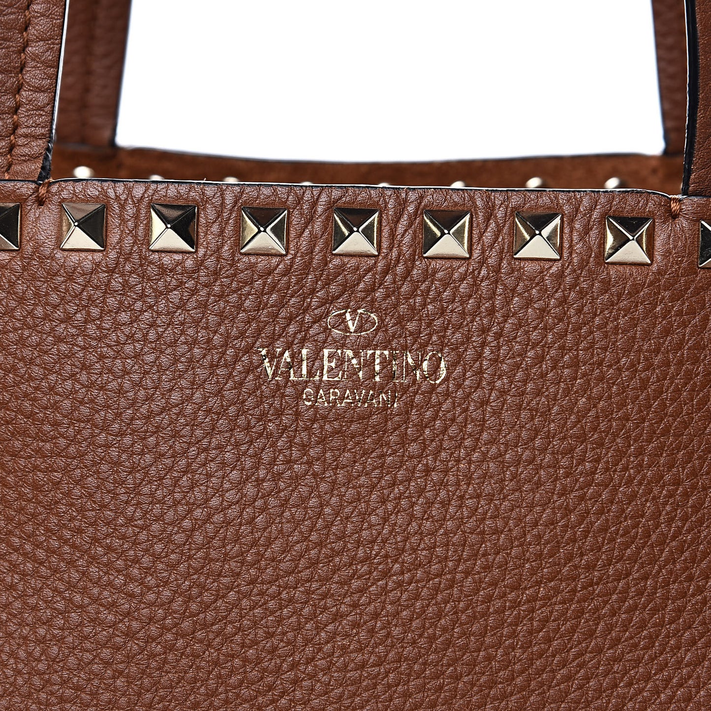 Grained Calfskin Small Rockstud Shoulder Tote Bright Cognac