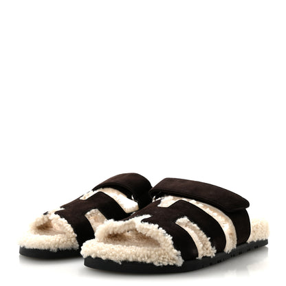 Hermes Suede Goatskin Woolskin Womens Chypre Sandals 39.5 Marron Ebene 4 of 10