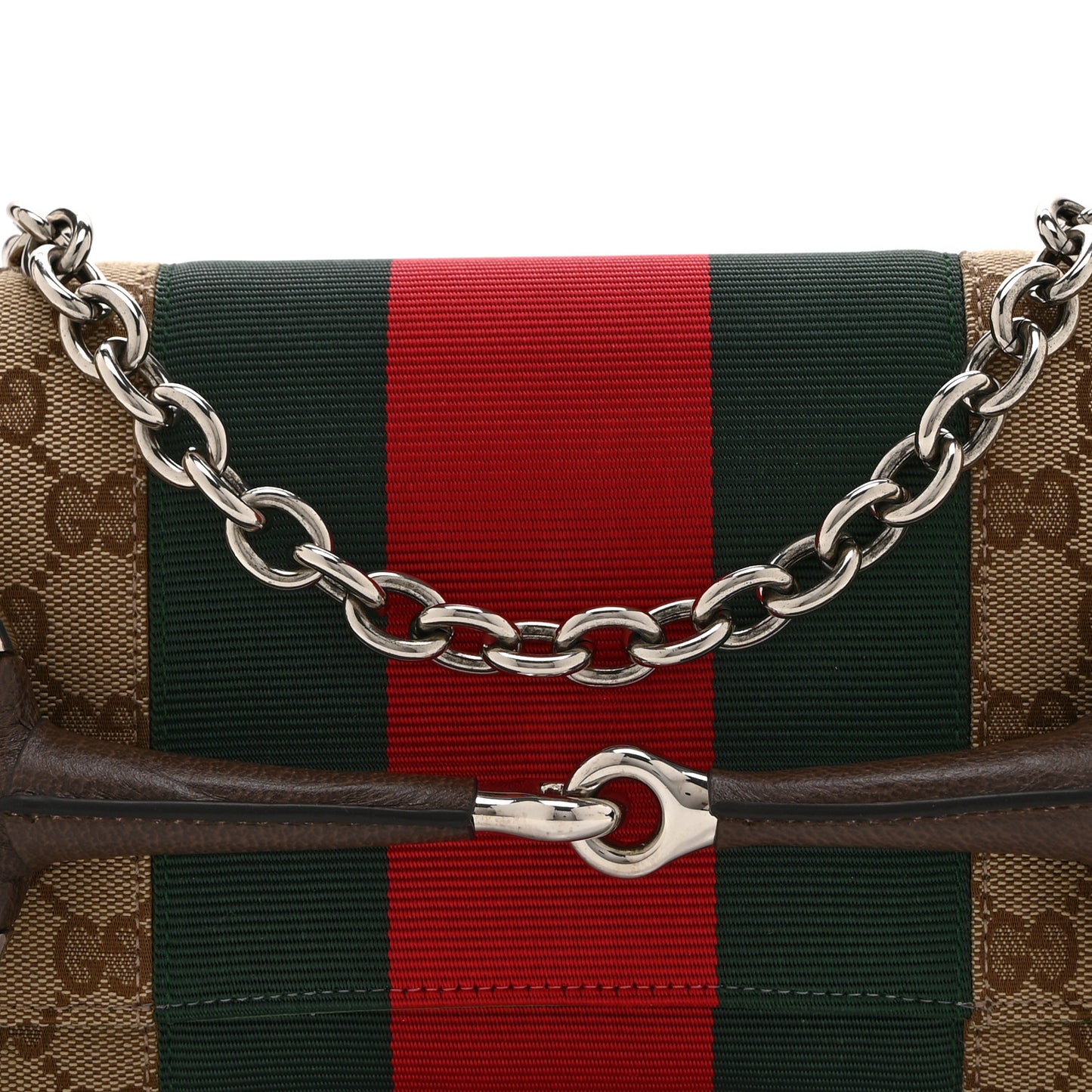 Monogram Textured Dollar Calfskin Heavy Grosgrain Web Medium Maxi Horsebit Chain Shoulder Bag Beige Ebony New Acero