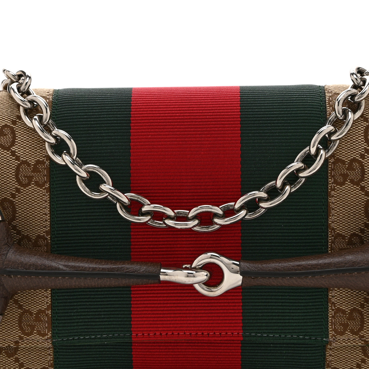 Gucci Monogram Textured Dollar Calfskin Heavy Grosgrain Web Medium Maxi Horsebit Chain Shoulder Bag Beige Ebony New Acero 9 of 11