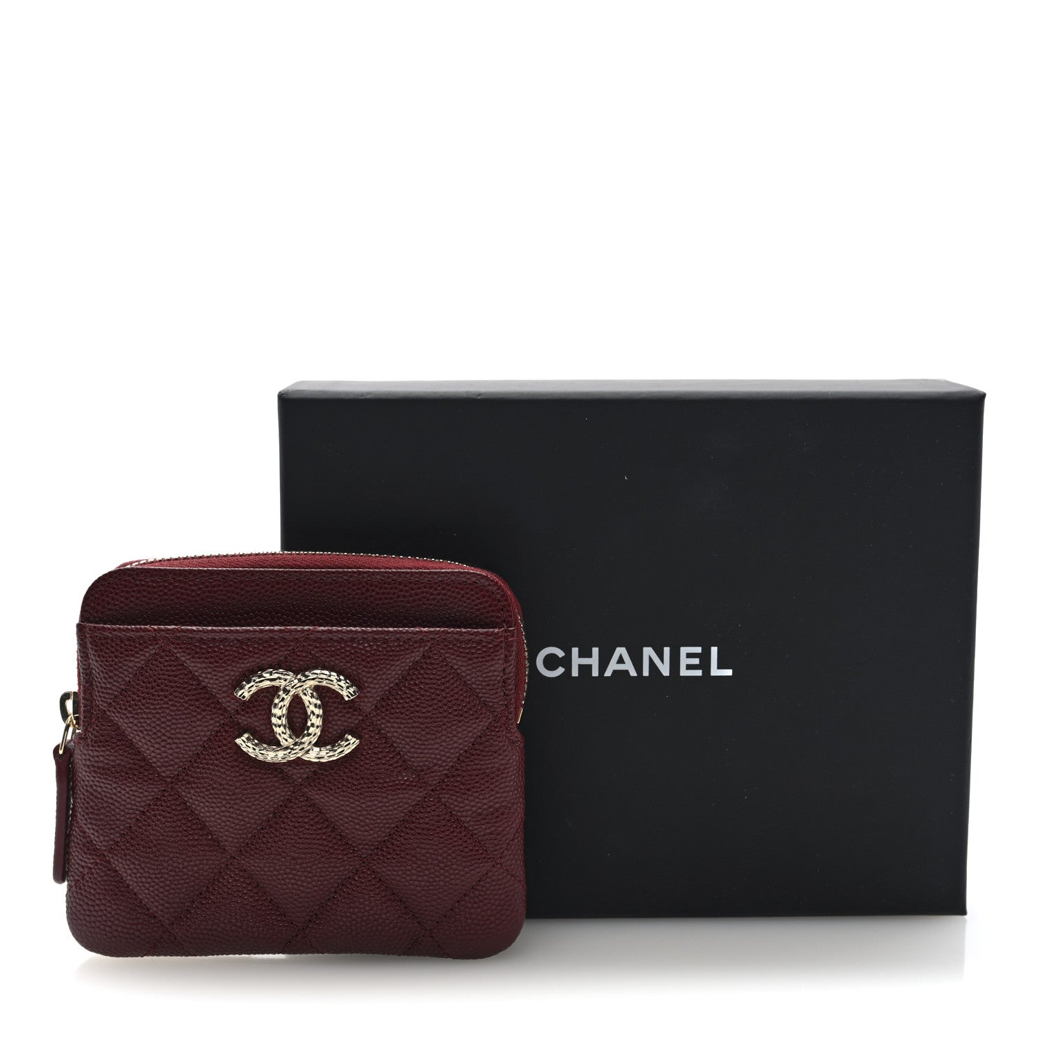 Chanel Caviar Quilted Crystal Zip Card Holder Wallet Burgundy 8 of 8