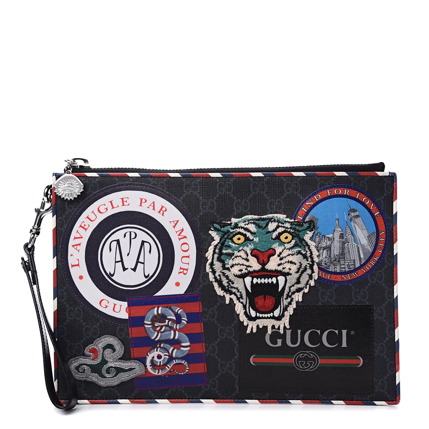 GG Supreme Monogram Night Courrier Zip Wristlet Pouch Black Multicolor