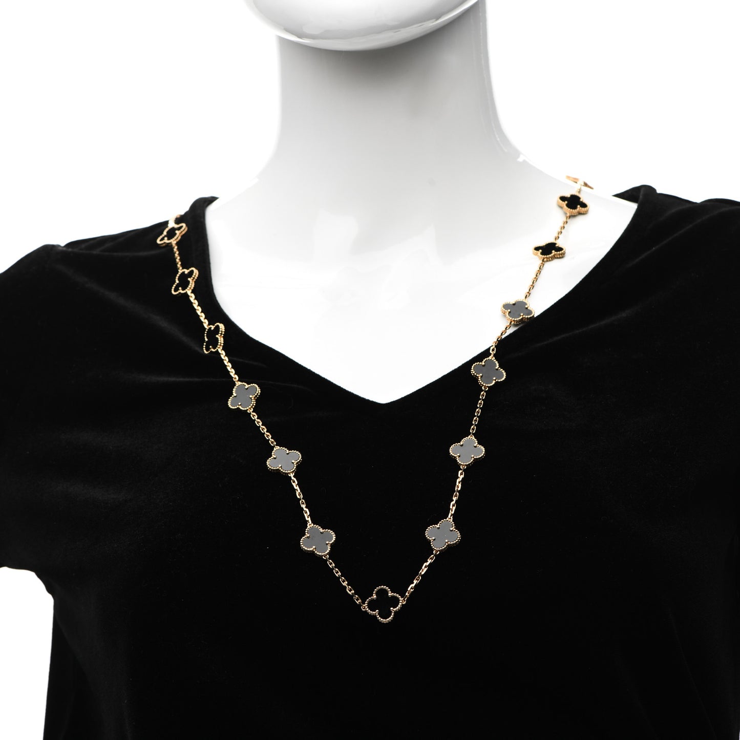 18K Yellow Gold Black Onyx 20 Motifs Vintage Alhambra Necklace