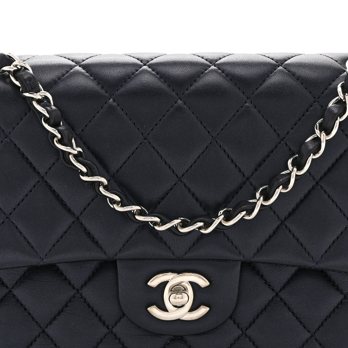 Iridescent Calfskin Quilted Medium Double Flap Navy