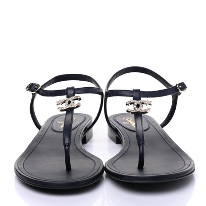 Chanel Lambskin Crystal CC Thong Sandals 38 Navy 2 of 9