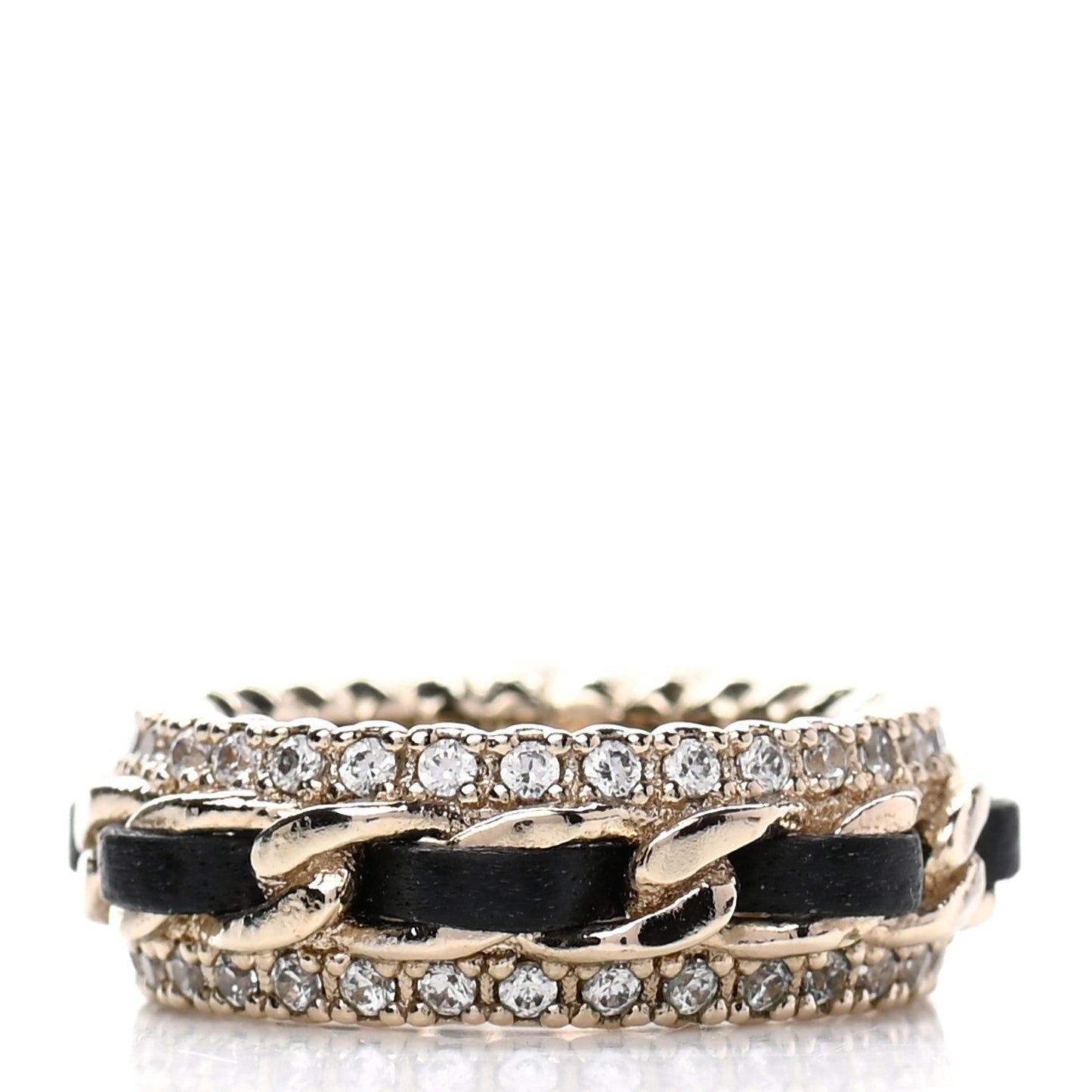 Metal Crystal Lambskin CC Ring 52 Gold Black
