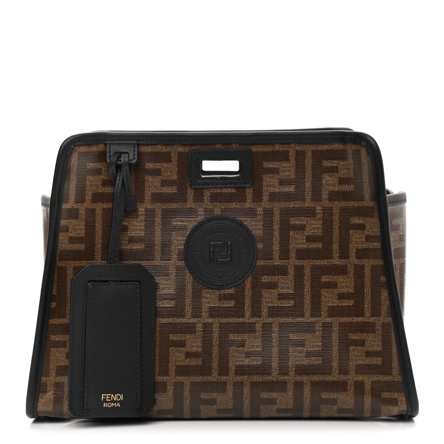 Fendi Glazed Fabric Vitello Century FF 1974 Stamp Patch Mini Peekaboo Defender Cover Mogano Panna Black 1 of 10